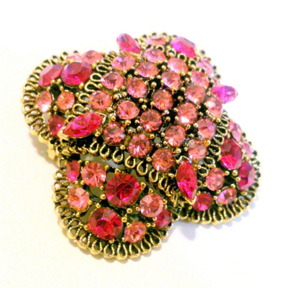 Vintage LISNER Pink and Hot Pink Rhinestone Cluster Gold Tone Statement Brooch - Picture 1 of 4